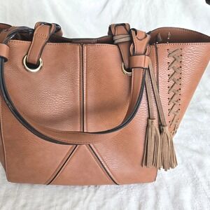 Mello World Brown Large Tote w Tassel Whipstitch Boho Chic Multiple Pockets